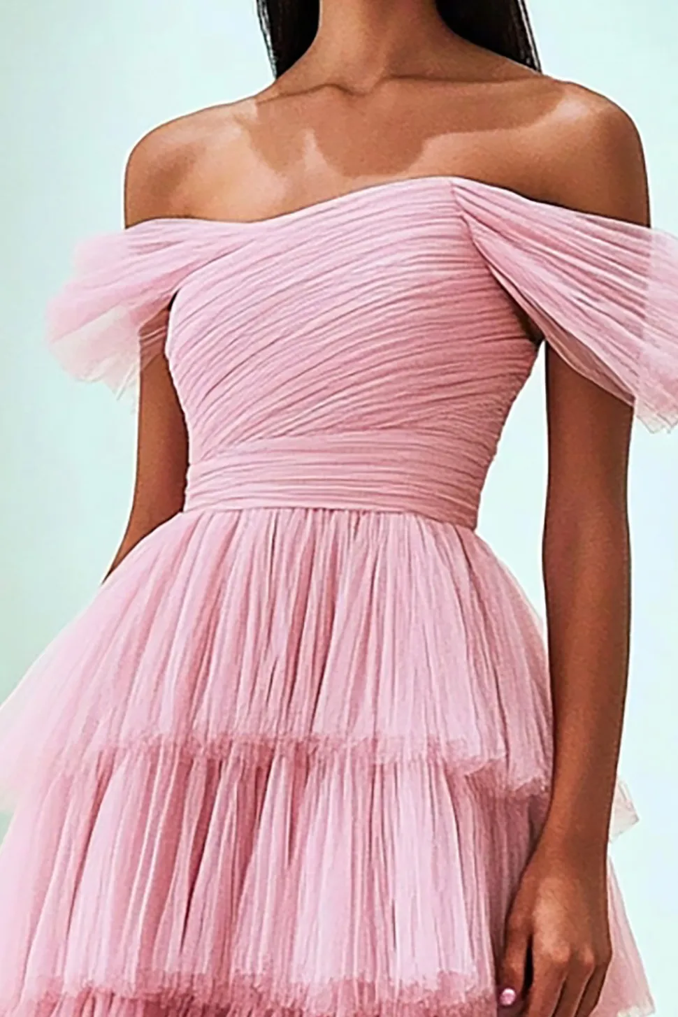 Tule plissado Uma linha fora do ombro rosa vestido de baile