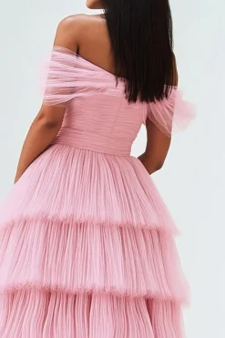 Tule plissado Uma linha fora do ombro rosa vestido de baile