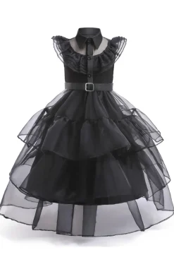 Tule preto Um vestido de menina linha com cinto