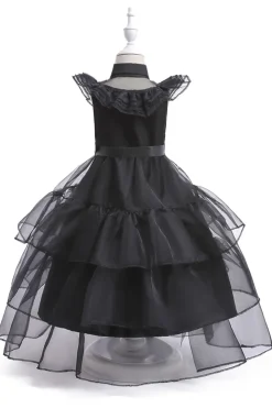Tule preto Um vestido de menina linha com cinto