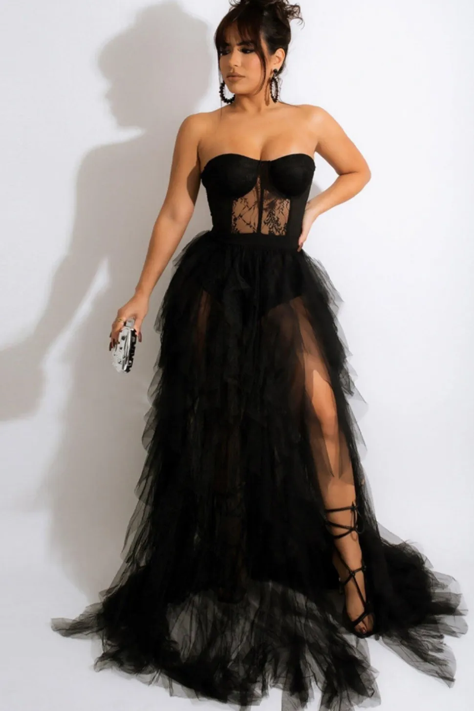 Tule Querida Vestido Preto Baile com Fenda