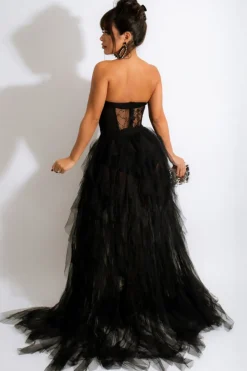 Tule Querida Vestido Preto Baile com Fenda
