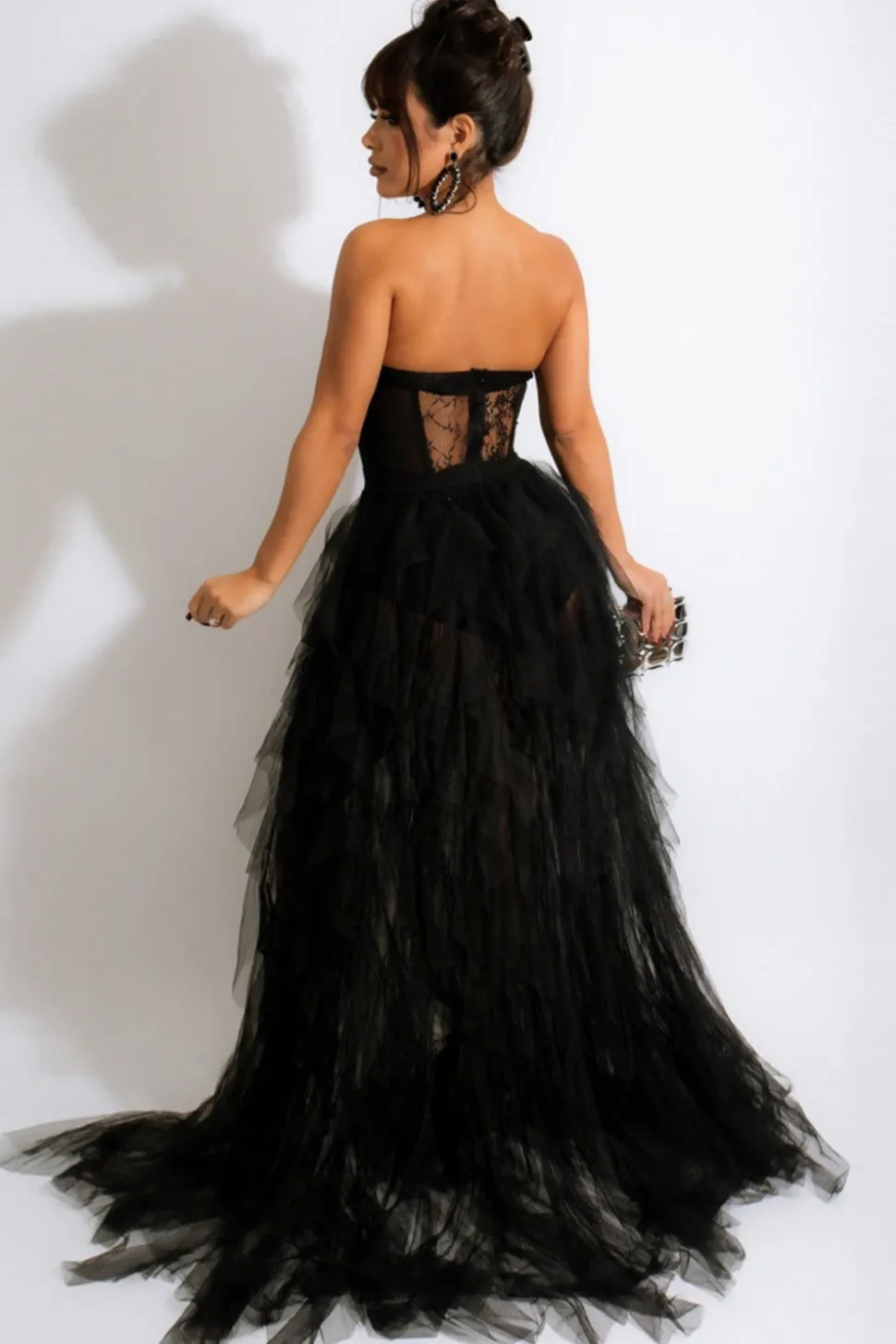 Tule Querida Vestido Preto Baile com Fenda