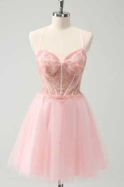 Tule Rosa A-Line Vestido Curto Homecoming com Missangas