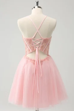 Tule Rosa A-Line Vestido Curto Homecoming com Missangas