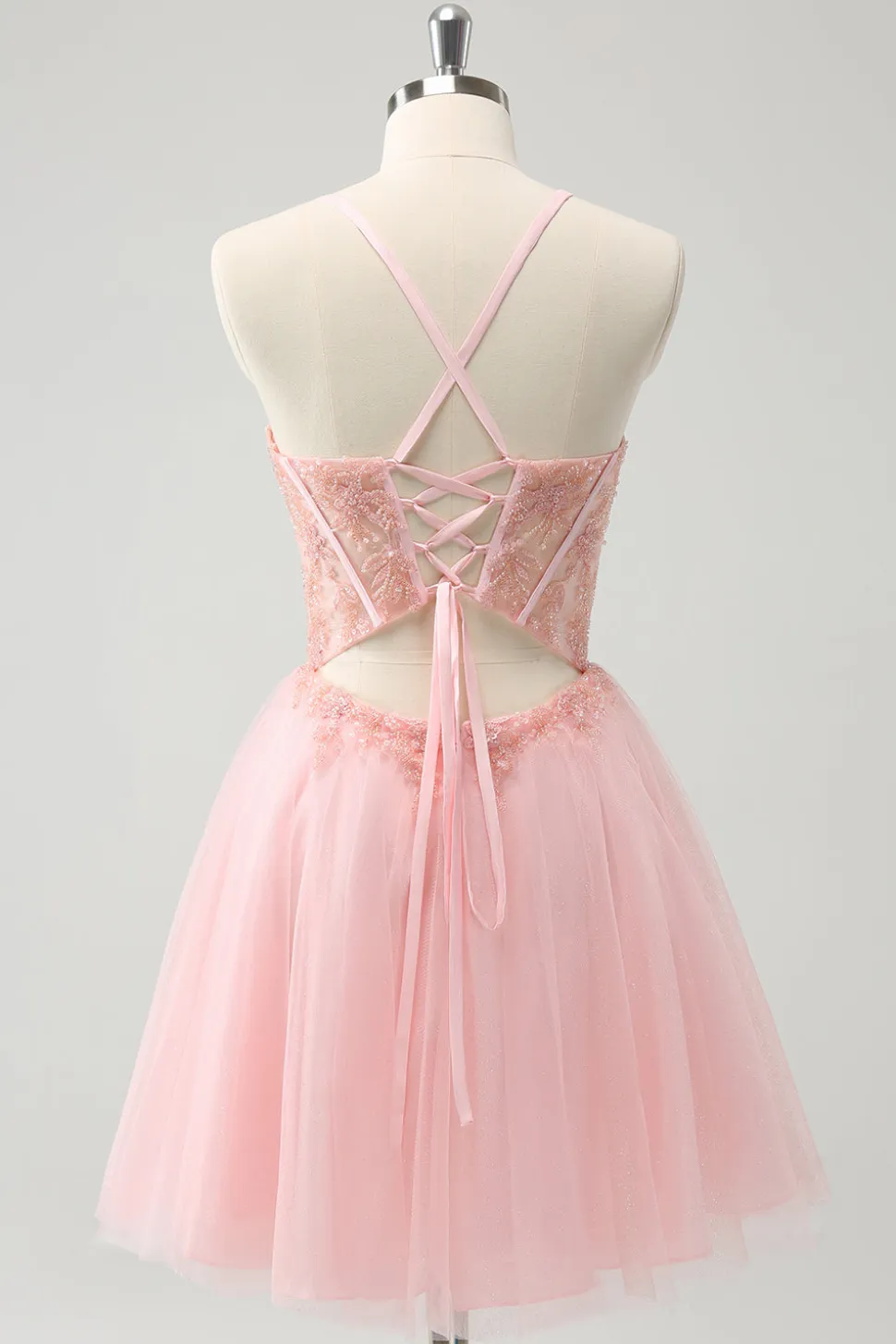 Tule Rosa A-Line Vestido Curto Homecoming com Missangas