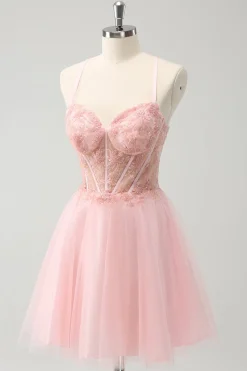 Tule Rosa A-Line Vestido Curto Homecoming com Missangas