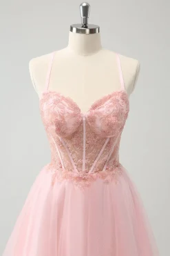 Tule Rosa A-Line Vestido Curto Homecoming com Missangas