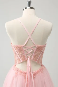 Tule Rosa A-Line Vestido Curto Homecoming com Missangas
