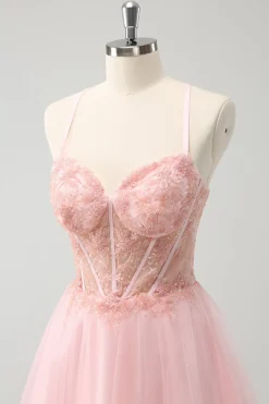 Tule Rosa A-Line Vestido Curto Homecoming com Missangas