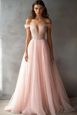 Tule Rosa Fora do Ombro Linha-A Longo Vestido de Baile