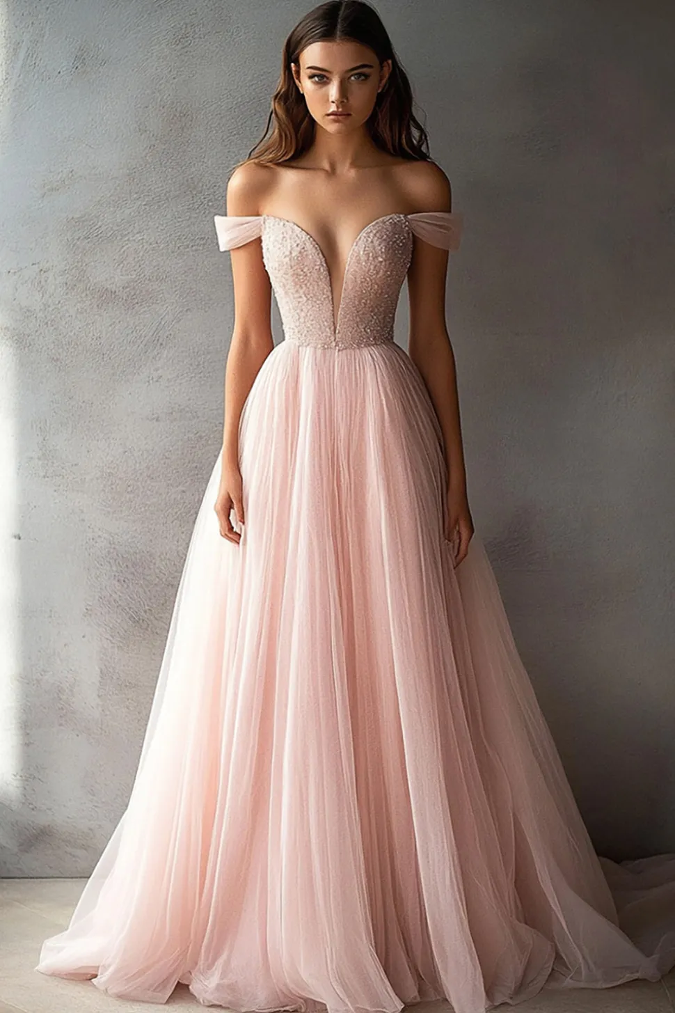 Tule Rosa Fora do Ombro Linha-A Longo Vestido de Baile