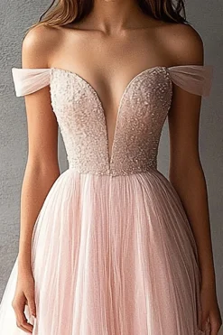 Tule Rosa Fora do Ombro Linha-A Longo Vestido de Baile