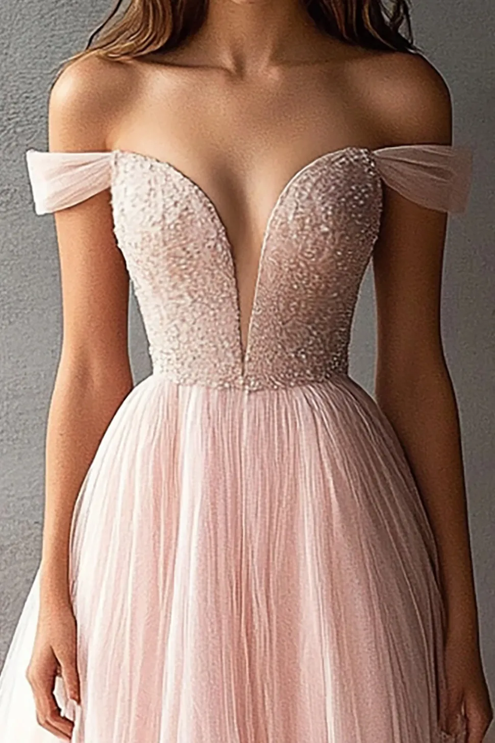 Tule Rosa Fora do Ombro Linha-A Longo Vestido de Baile