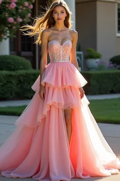 Tule rosa Tiered Strapless Beaded Prom Dress com fenda