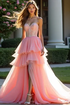 Tule rosa Tiered Strapless Beaded Prom Dress com fenda