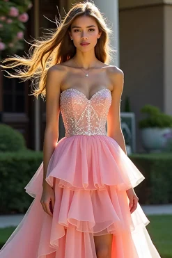Tule rosa Tiered Strapless Beaded Prom Dress com fenda