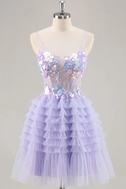 Tule roxo em camadas uma linha Homecoming Dress com apliques