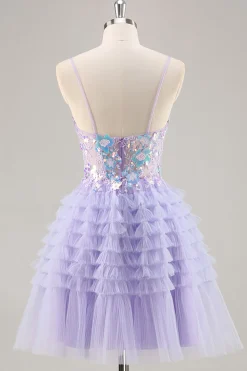 Tule roxo em camadas uma linha Homecoming Dress com apliques