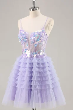 Tule roxo em camadas uma linha Homecoming Dress com apliques