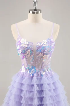 Tule roxo em camadas uma linha Homecoming Dress com apliques