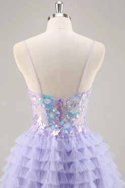 Tule roxo em camadas uma linha Homecoming Dress com apliques
