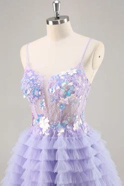 Tule roxo em camadas uma linha Homecoming Dress com apliques