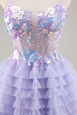 Tule roxo em camadas uma linha Homecoming Dress com apliques