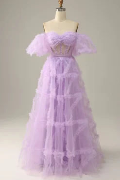 Tule roxo fora do ombros vestido do baile