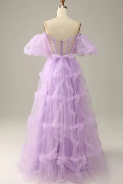 Tule roxo fora do ombros vestido do baile