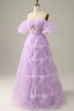 Tule roxo fora do ombros vestido do baile