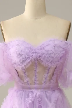 Tule roxo fora do ombros vestido do baile