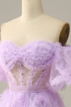 Tule roxo fora do ombros vestido do baile