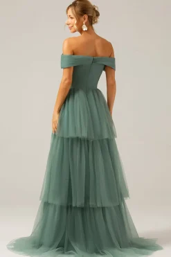 Tule verde cinza Uma linha fora do ombro vestido de dama de honra em camadas