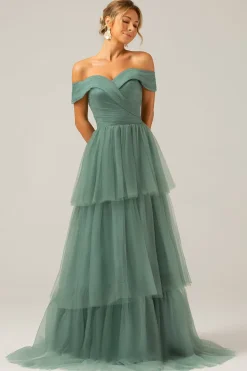 Tule verde cinza Uma linha fora do ombro vestido de dama de honra em camadas