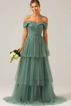 Tule verde cinza Uma linha fora do ombro vestido de dama de honra em camadas