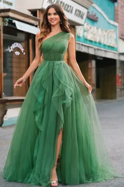 Tule Verde Escuro A-Line One-Shoulder Long Prom Dress com Fenda