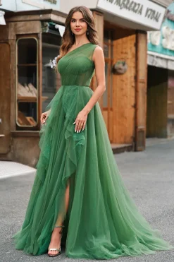 Tule Verde Escuro A-Line One-Shoulder Long Prom Dress com Fenda