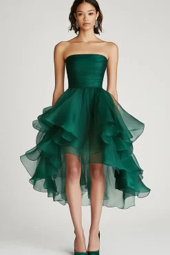 Tule Verde Escuro Linha-A Sem Alças Midi Vestido De Baile