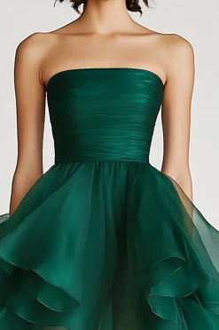 Tule Verde Escuro Linha-A Sem Alças Midi Vestido De Baile