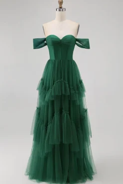 Tule Verde Escuro Tiered Ruffled Off The Shoulder A Line Vestido Madrinha