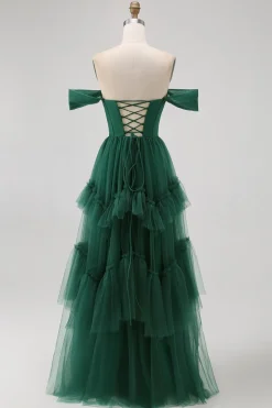 Tule Verde Escuro Tiered Ruffled Off The Shoulder A Line Vestido Madrinha