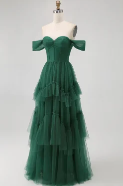 Tule Verde Escuro Tiered Ruffled Off The Shoulder A Line Vestido Madrinha