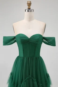Tule Verde Escuro Tiered Ruffled Off The Shoulder A Line Vestido Madrinha