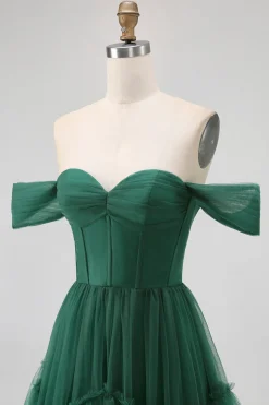 Tule Verde Escuro Tiered Ruffled Off The Shoulder A Line Vestido Madrinha