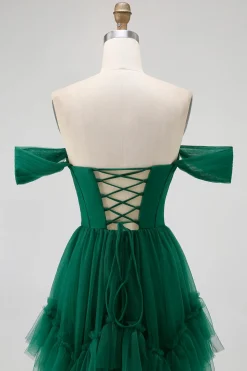 Tule Verde Escuro Tiered Ruffled Off The Shoulder A Line Vestido Madrinha