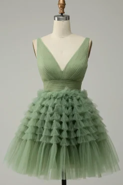 Tule Verde Gola em V Vestido Curto Com Costas Abertas