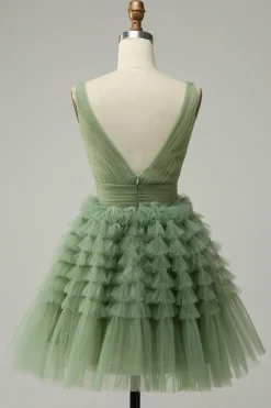Tule Verde Gola em V Vestido Curto Com Costas Abertas
