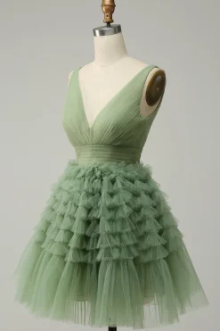 Tule Verde Gola em V Vestido Curto Com Costas Abertas