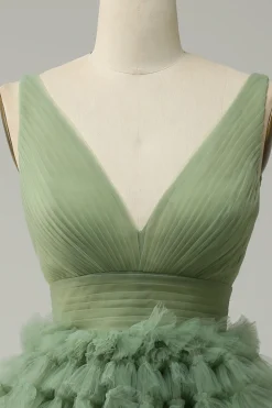 Tule Verde Gola em V Vestido Curto Com Costas Abertas